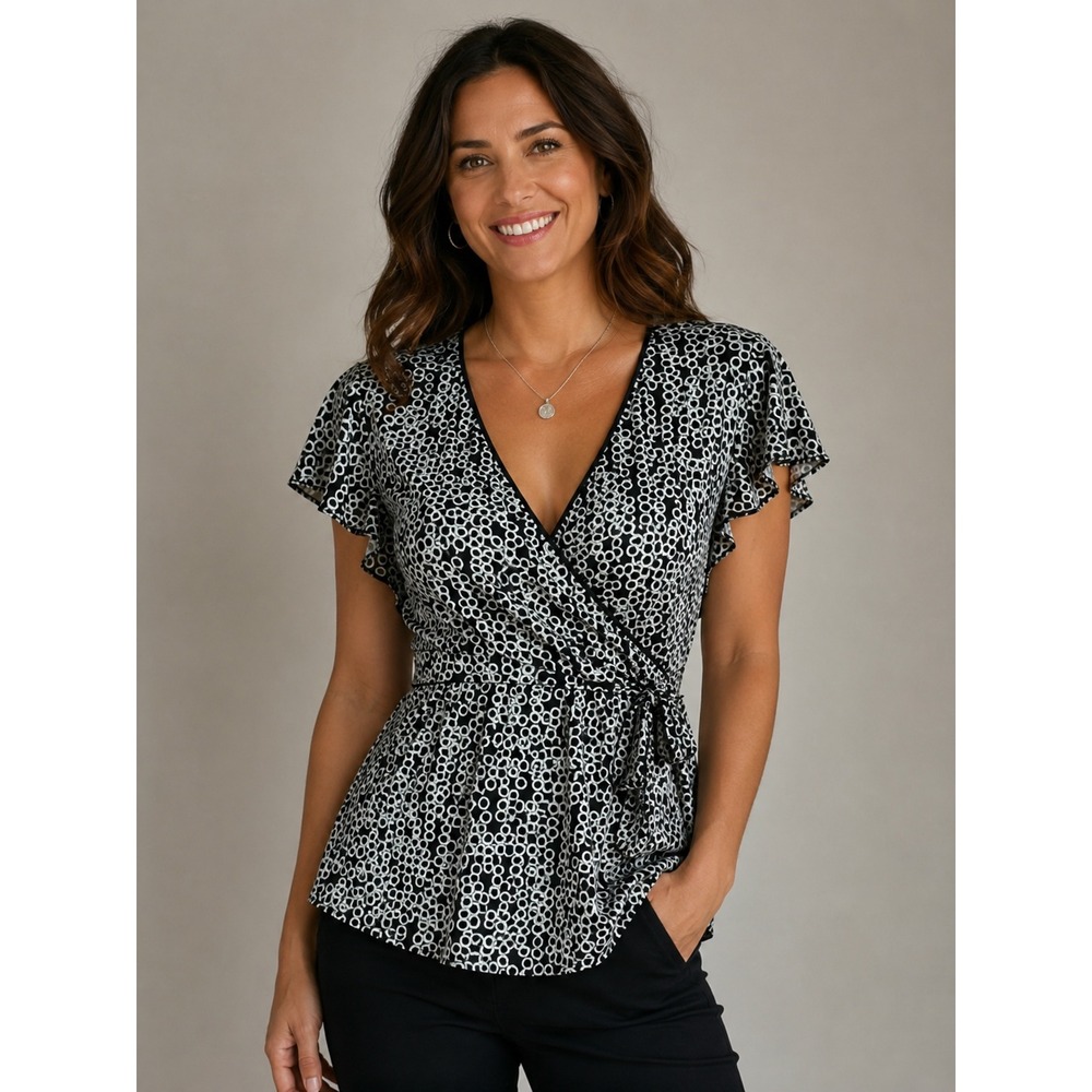 J.T.B. Vintage Y2K Womens Geometric Circle Print Flutter Sleeve Tie Back Top L
